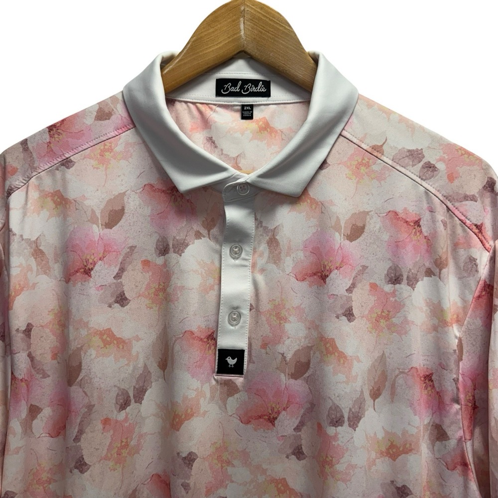 Bad Birdie Men's Sz 2XL Pink & White "Bungalow" Floral Performance Golf Polo guc